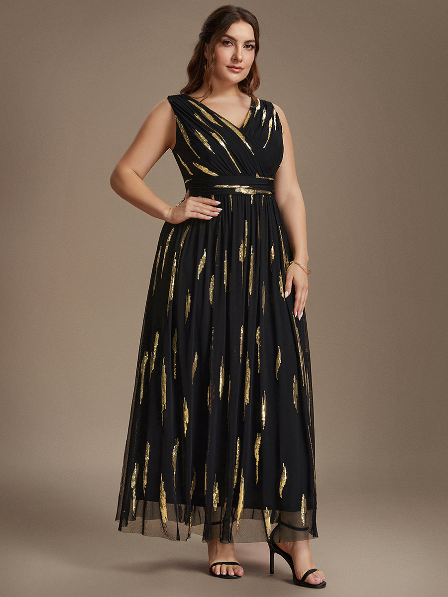 Robe A-Line sans manches en V maxi en sequins avec tissu extensible #Couleur_Noir & Or