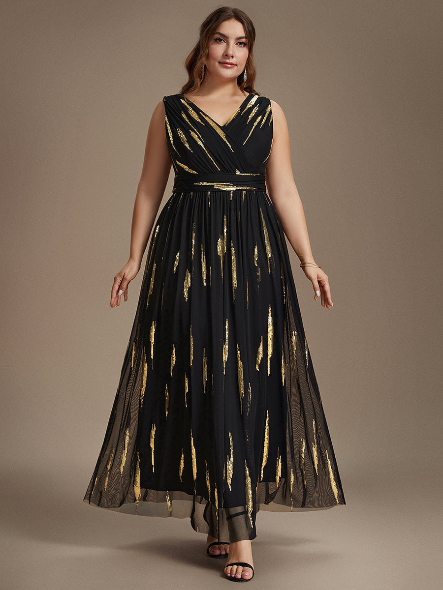 Robe A-Line sans manches en V maxi en sequins avec tissu extensible #Couleur_Noir & Or