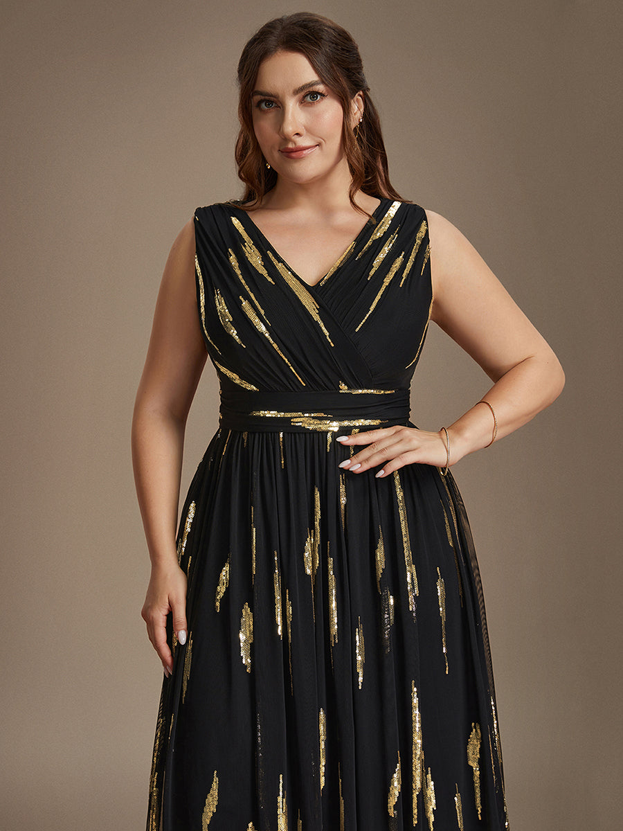 Robe A-Line sans manches en V maxi en sequins avec tissu extensible #Couleur_Noir & Or