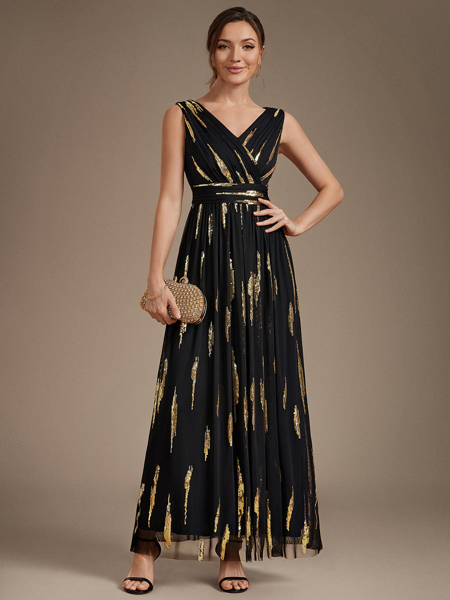 Robe A-Line sans manches en V maxi en sequins avec tissu extensible #Couleur_Noir & Or