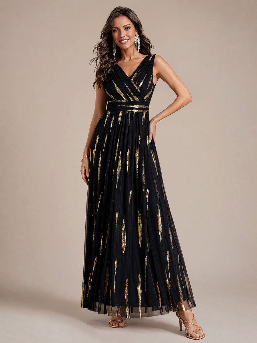 Robe A-Line sans manches en V maxi en sequins avec tissu extensible #Couleur_Noir / Or métallique