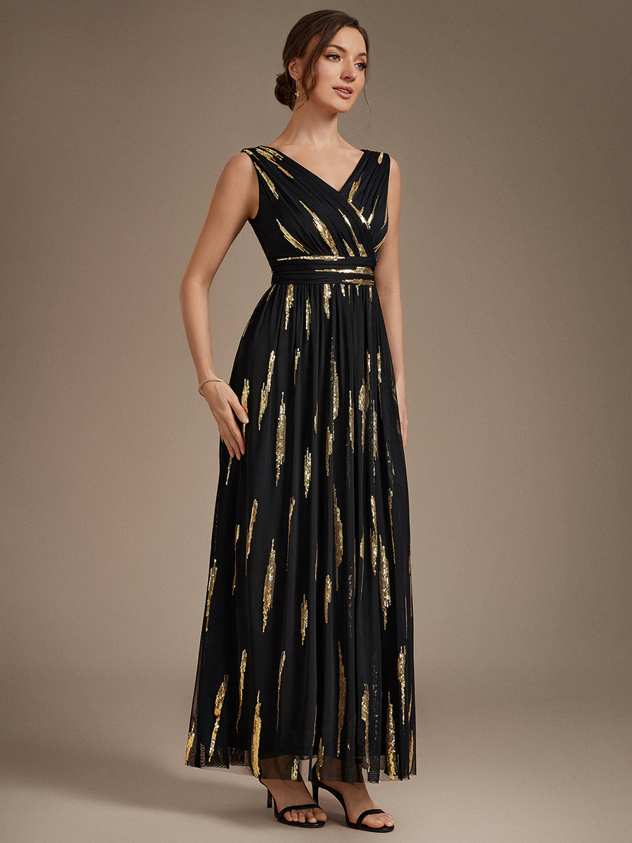 Robe A-Line sans manches en V maxi en sequins avec tissu extensible #Couleur_Noir & Or
