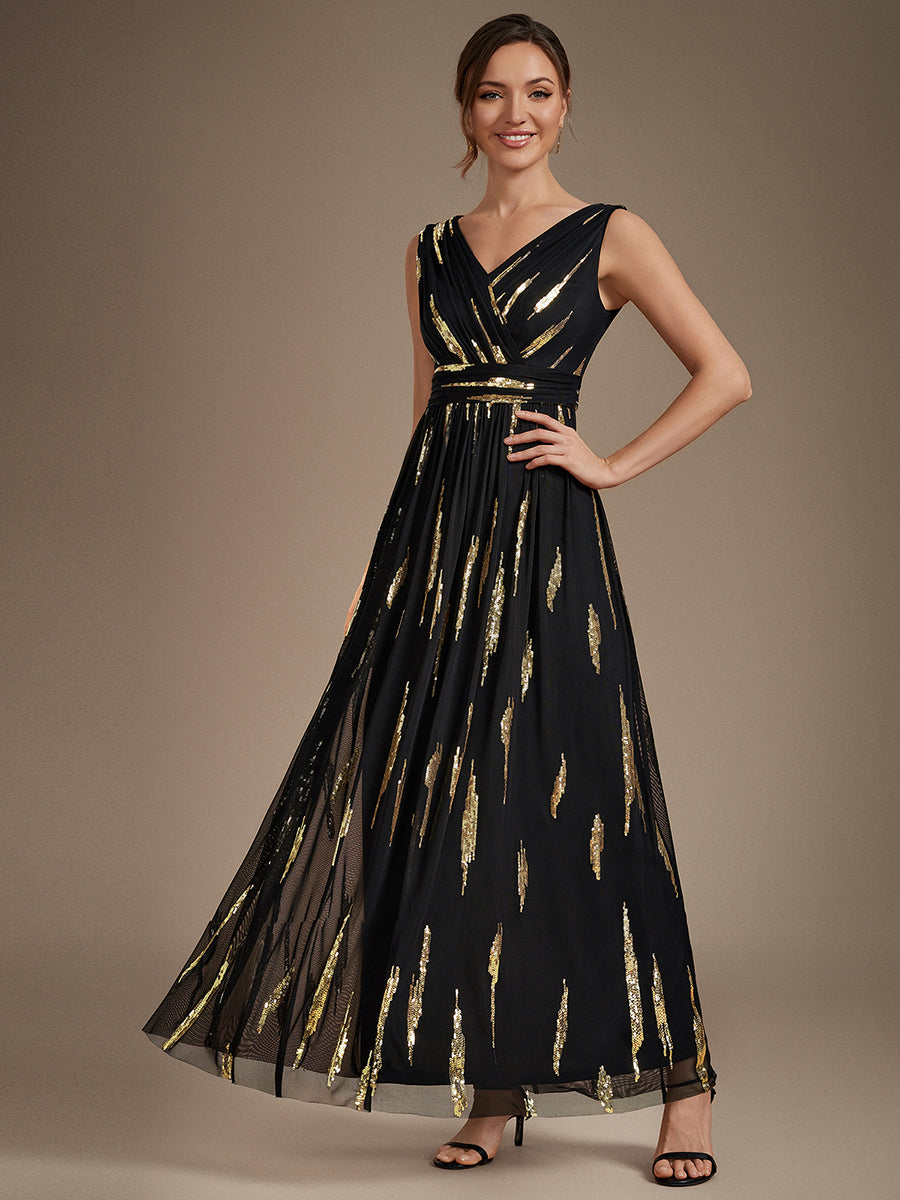 Robe A-Line sans manches en V maxi en sequins avec tissu extensible #Couleur_Noir & Or