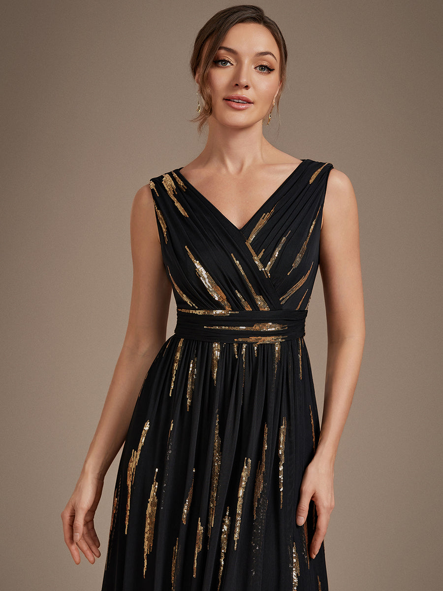 Robe A-Line sans manches en V maxi en sequins avec tissu extensible #Couleur_Noir & Or
