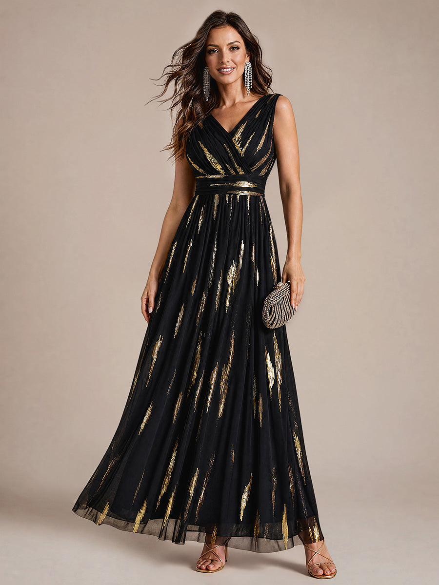 Robe A-Line sans manches en V maxi en sequins avec tissu extensible #Couleur_Noir / Or métallique