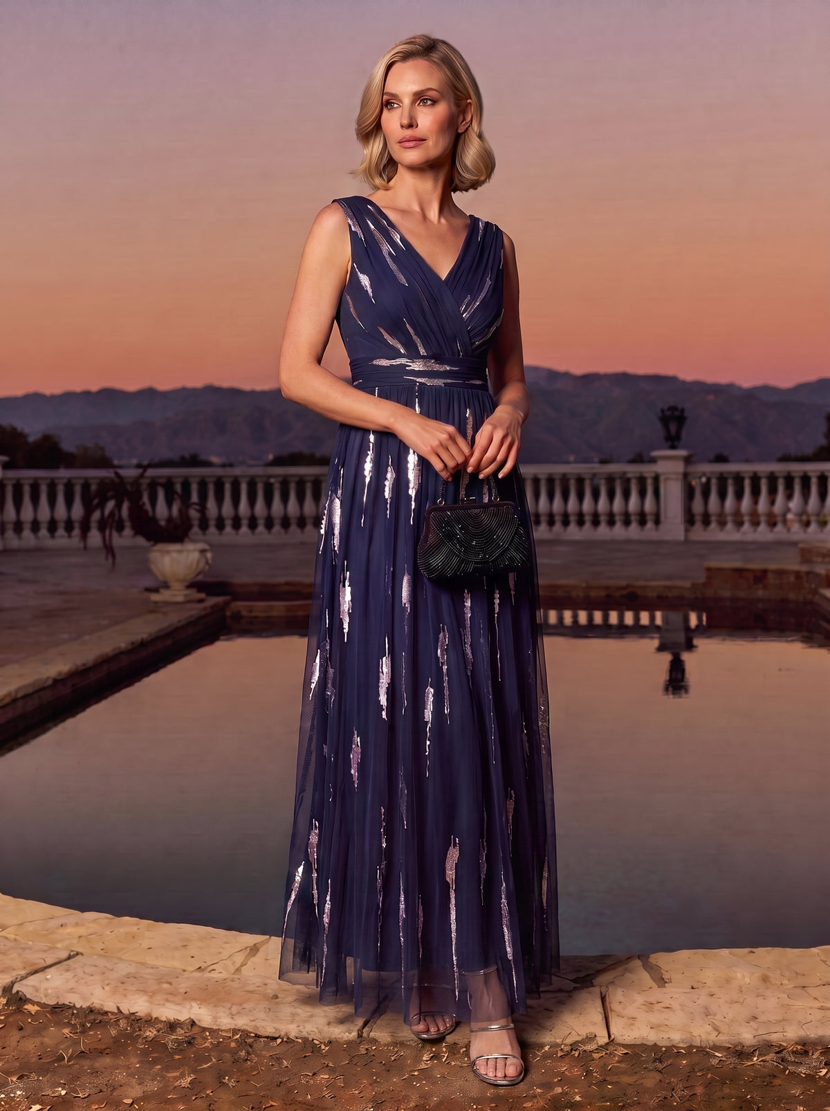 Robe A-Line sans manches en V maxi en sequins avec tissu extensible #Couleur_Bleu Marine