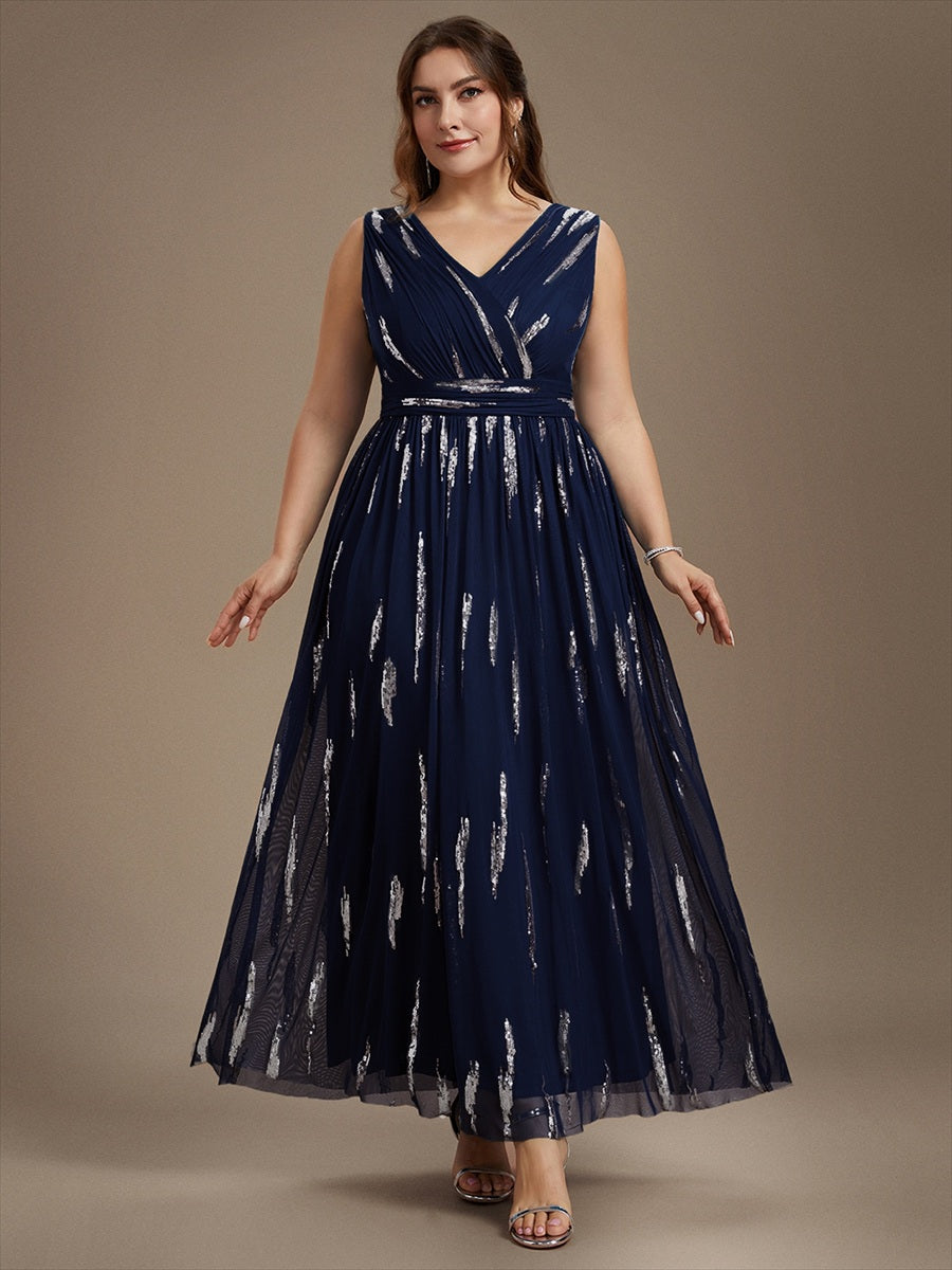 Robe A-Line sans manches en V maxi en sequins avec tissu extensible #Couleur_Bleu Marine
