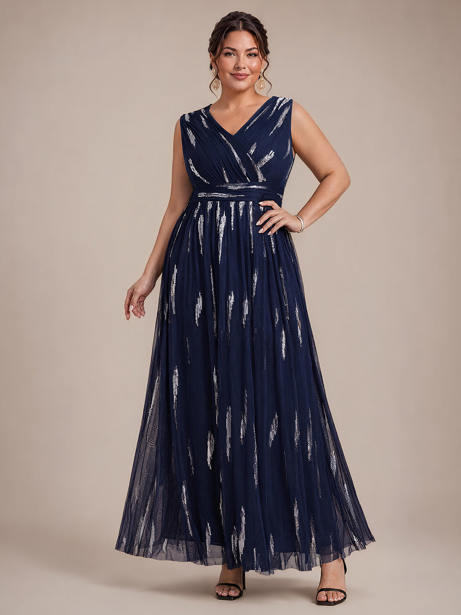 Robe A-Line sans manches en V maxi en sequins avec tissu extensible #Couleur_Bleu Marine