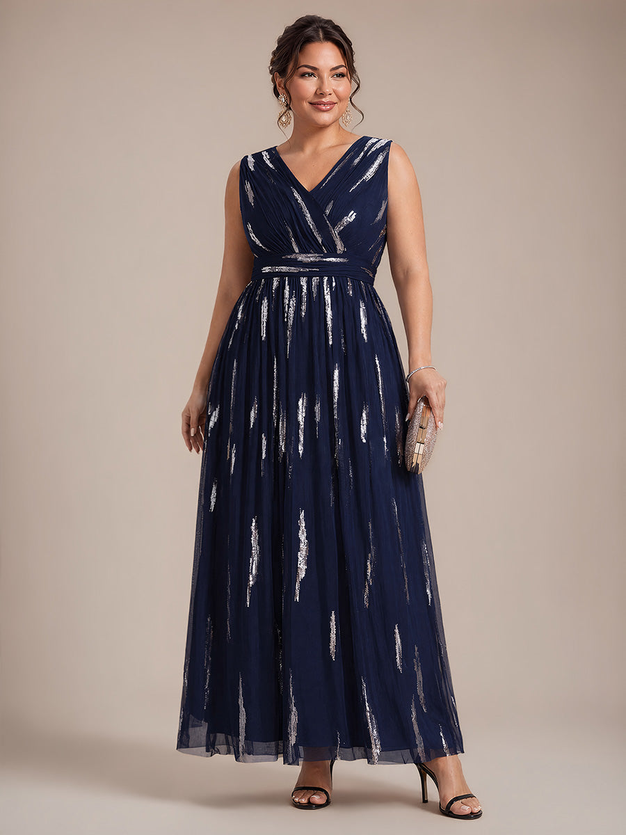 Robe A-Line sans manches en V maxi en sequins avec tissu extensible #Couleur_Bleu Marine