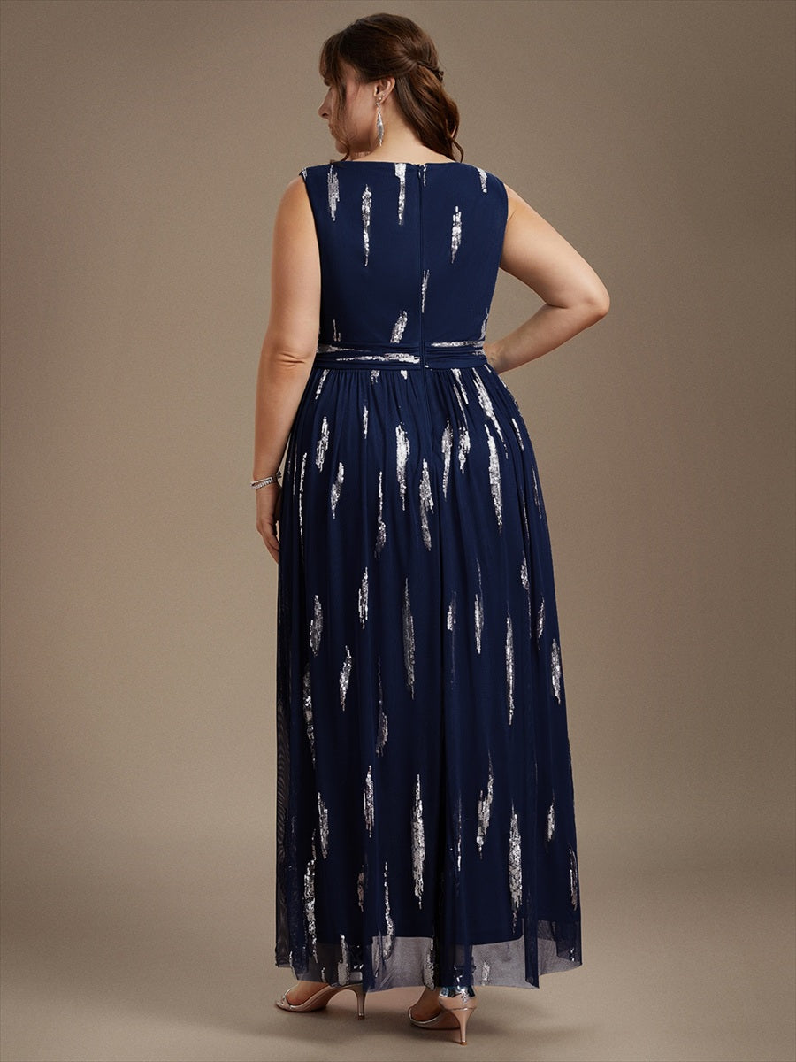 Robe A-Line sans manches en V maxi en sequins avec tissu extensible #Couleur_Bleu Marine