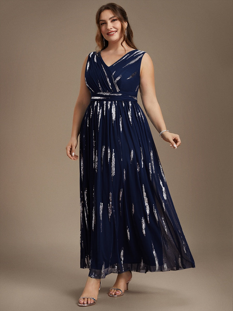 Robe A-Line sans manches en V maxi en sequins avec tissu extensible #Couleur_Bleu Marine