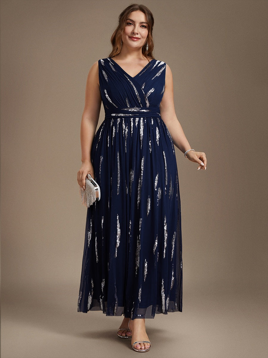 Robe A-Line sans manches en V maxi en sequins avec tissu extensible #Couleur_Bleu Marine