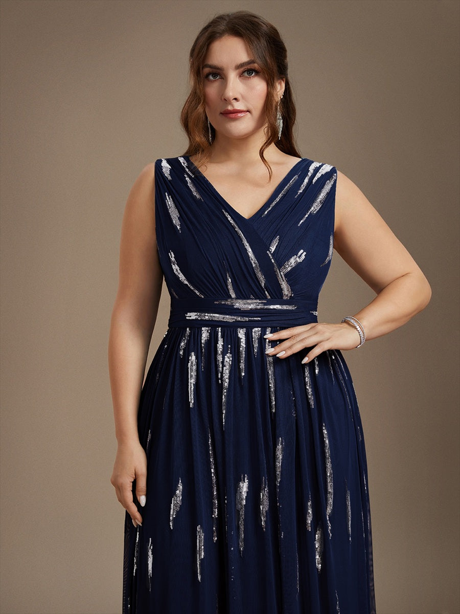 Robe A-Line sans manches en V maxi en sequins avec tissu extensible #Couleur_Bleu Marine