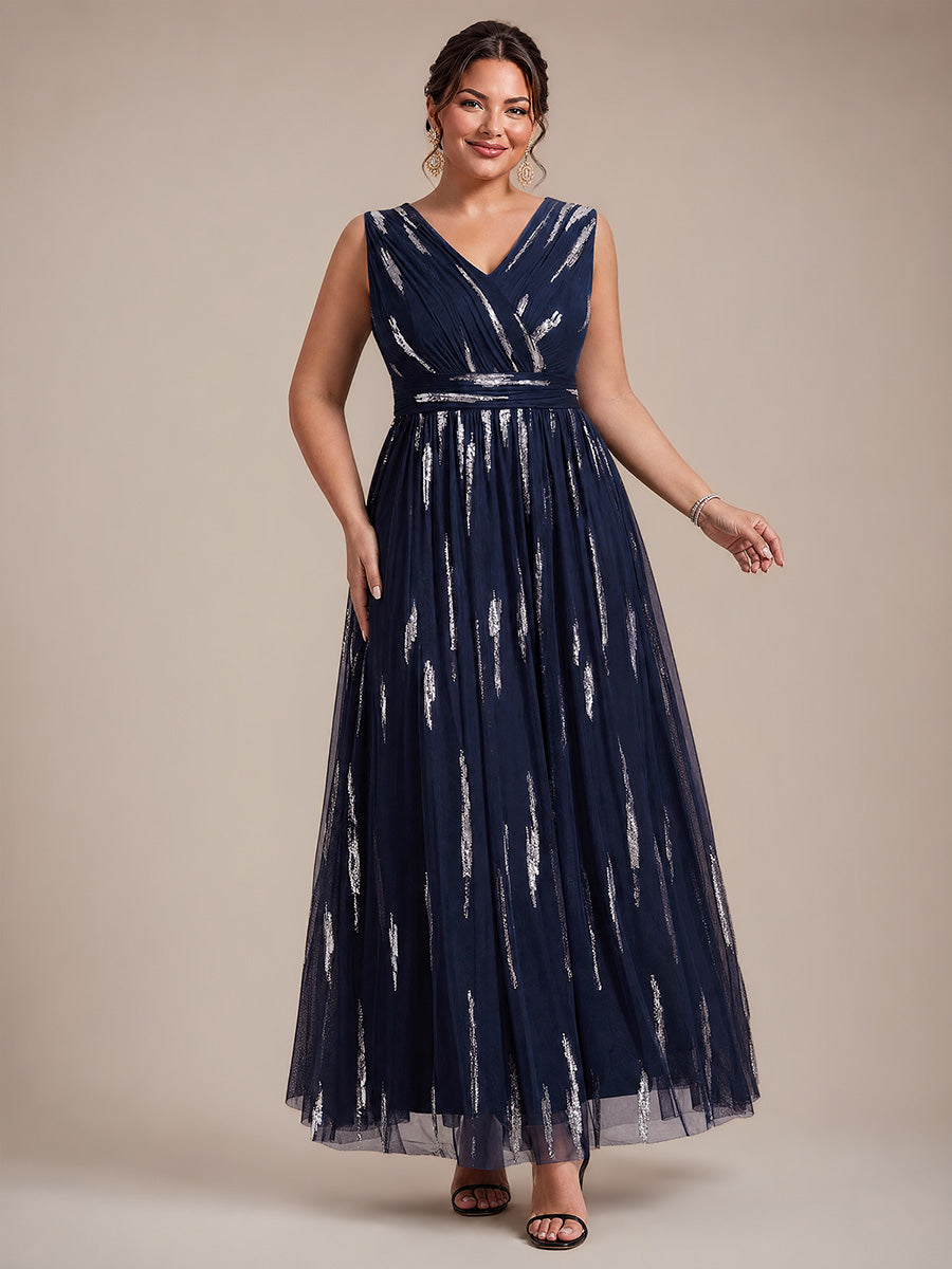 Robe A-Line sans manches en V maxi en sequins avec tissu extensible #Couleur_Bleu Marine