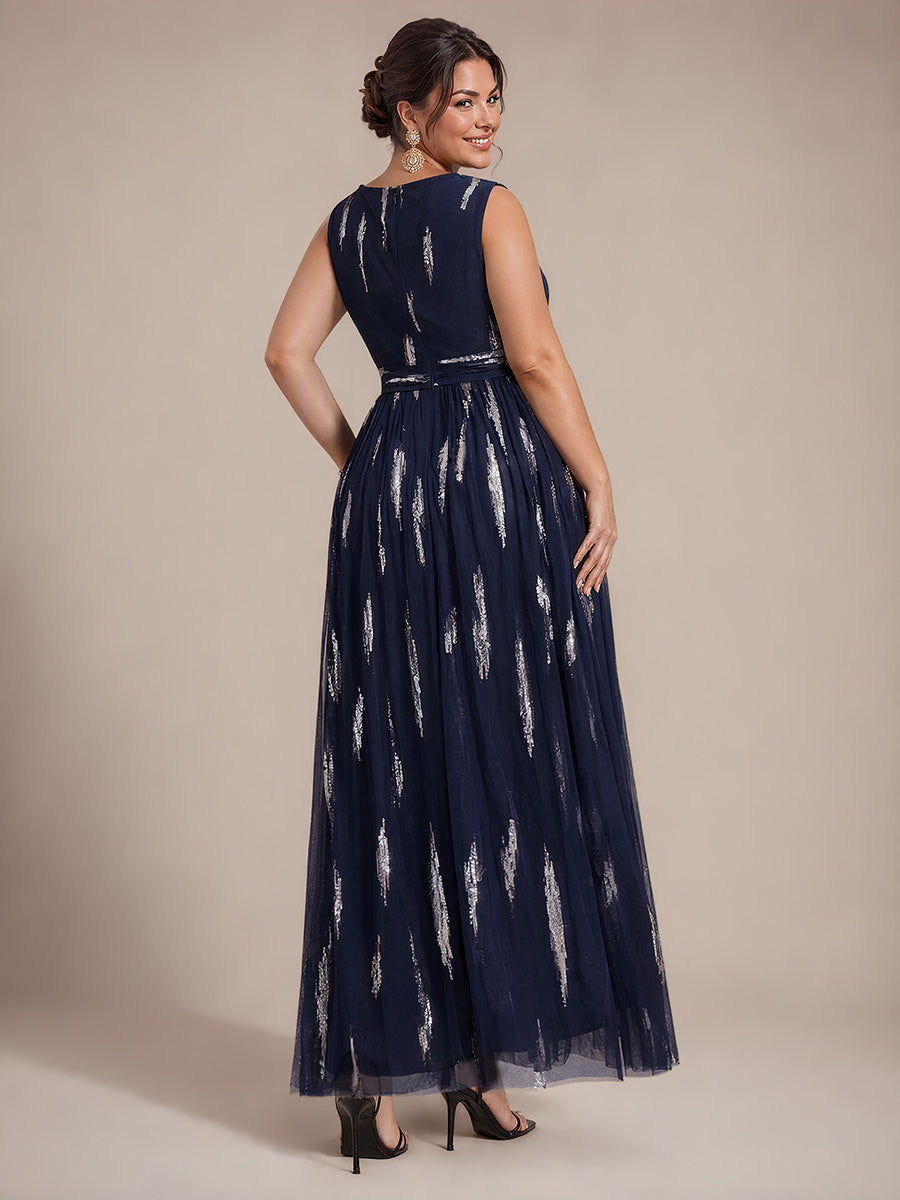 Robe A-Line sans manches en V maxi en sequins avec tissu extensible #Couleur_Bleu Marine