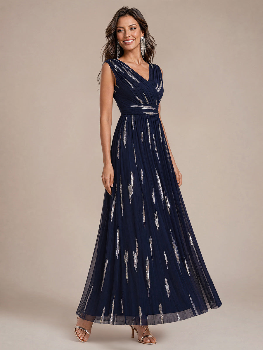 Robe A-Line sans manches en V maxi en sequins avec tissu extensible #Couleur_Bleu Marine
