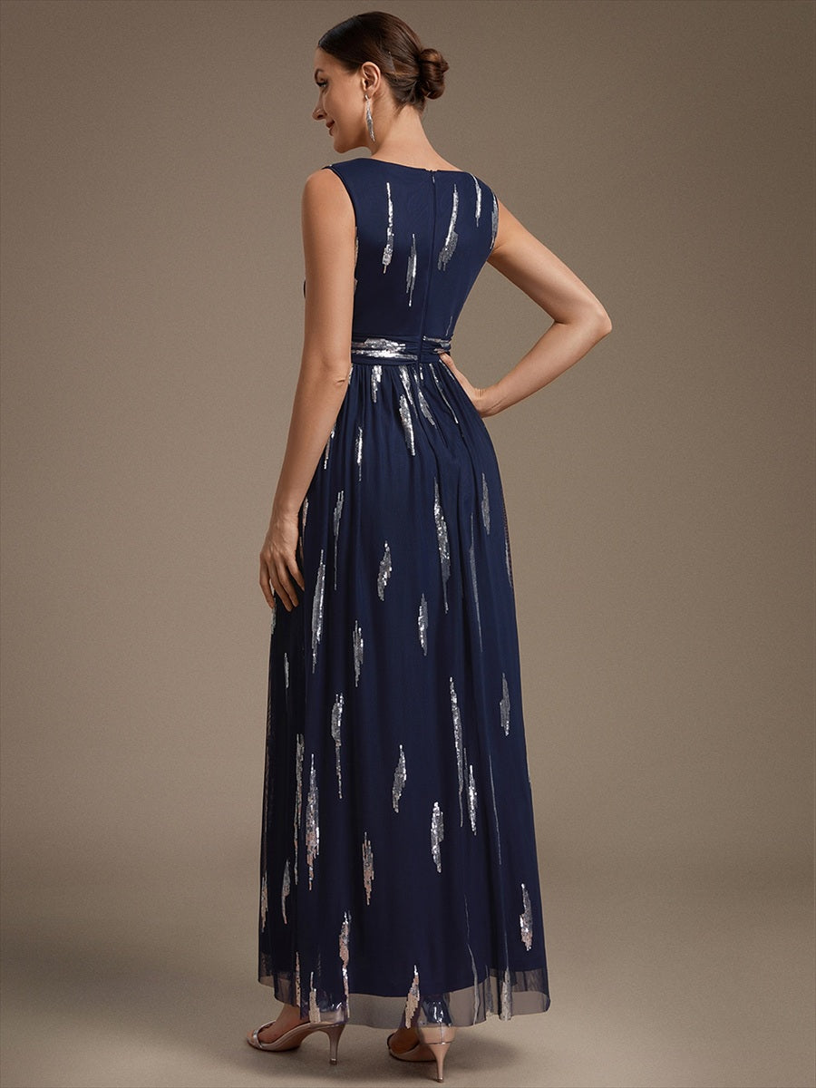 Robe A-Line sans manches en V maxi en sequins avec tissu extensible #Couleur_Bleu Marine