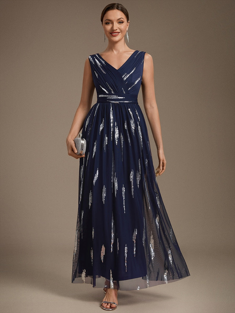 Robe A-Line sans manches en V maxi en sequins avec tissu extensible #Couleur_Bleu Marine