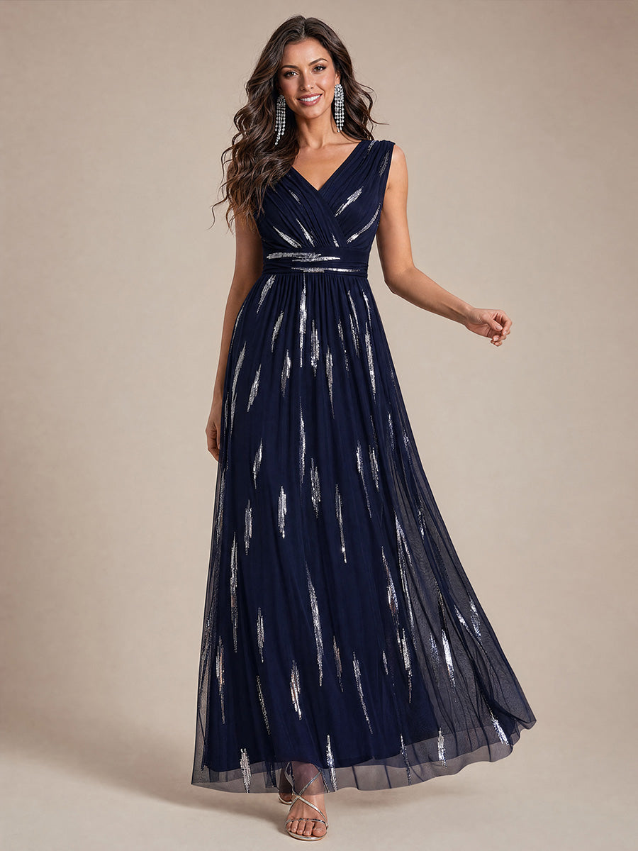 Robe A-Line sans manches en V maxi en sequins avec tissu extensible #Couleur_Bleu Marine