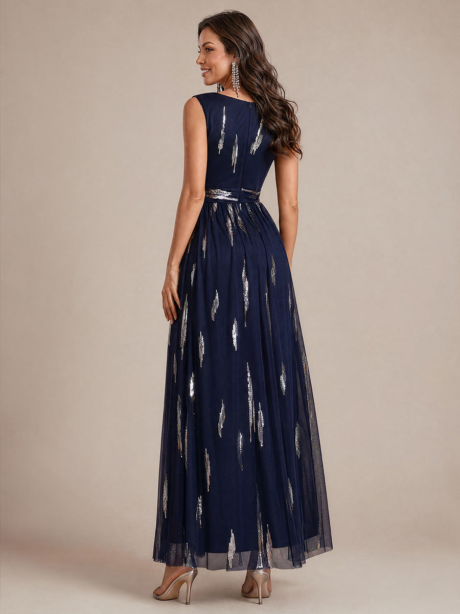 Robe A-Line sans manches en V maxi en sequins avec tissu extensible #Couleur_Bleu Marine
