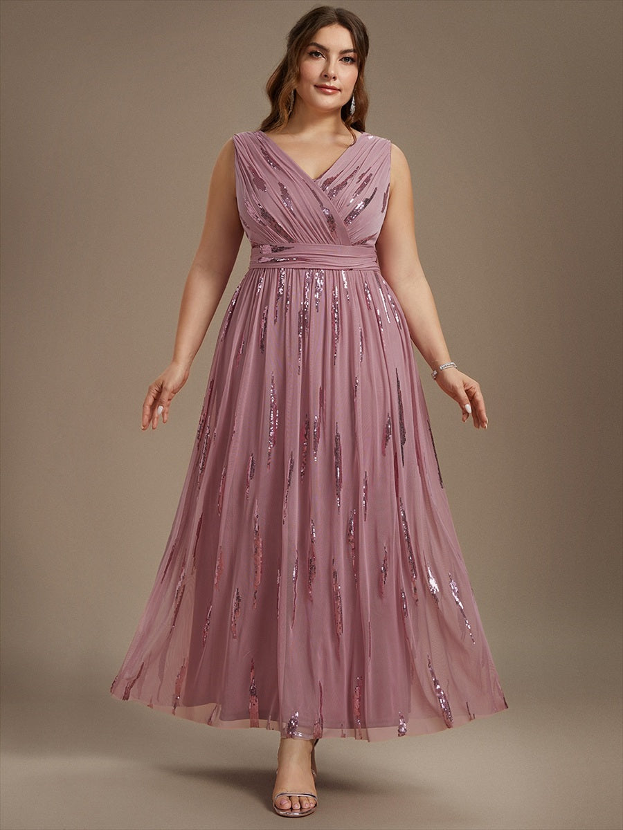 Robe A-Line sans manches en V maxi en sequins avec tissu extensible #Couleur_Orchidee