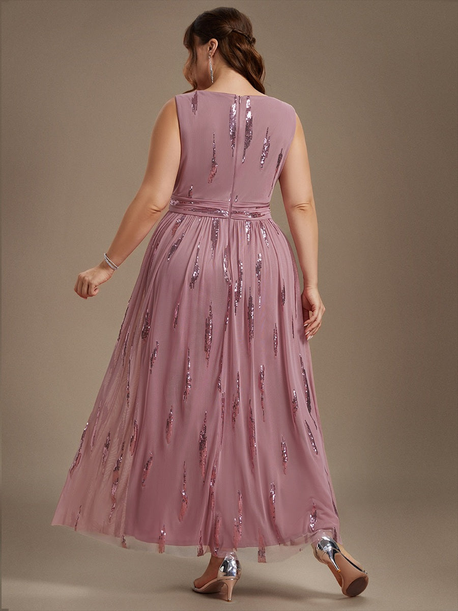 Robe A-Line sans manches en V maxi en sequins avec tissu extensible #Couleur_Orchidee