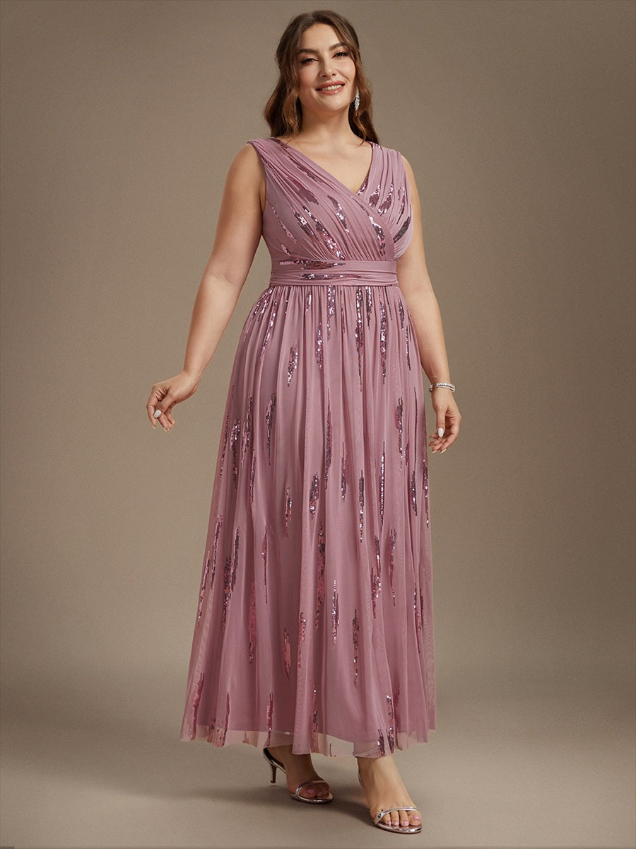 Robe A-Line sans manches en V maxi en sequins avec tissu extensible #Couleur_Orchidee