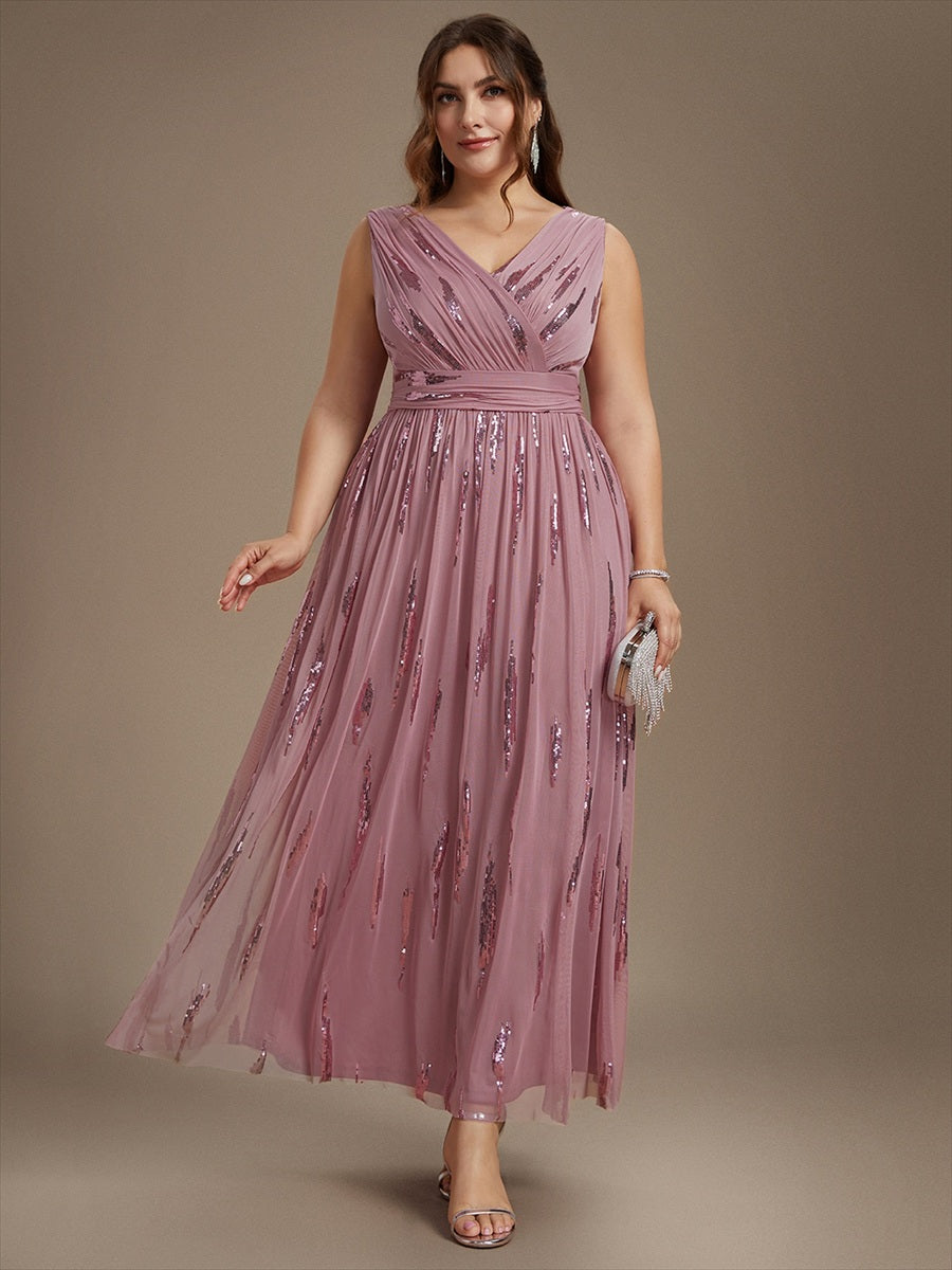 Robe A-Line sans manches en V maxi en sequins avec tissu extensible #Couleur_Orchidee