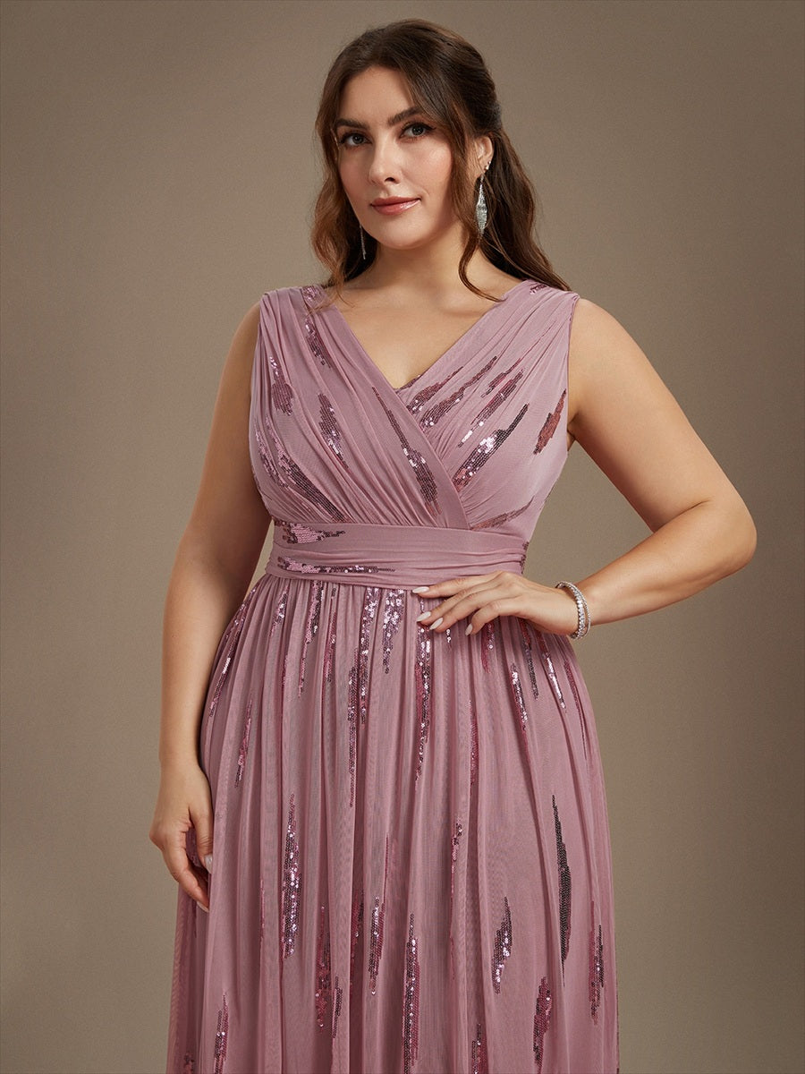 Robe A-Line sans manches en V maxi en sequins avec tissu extensible #Couleur_Orchidee