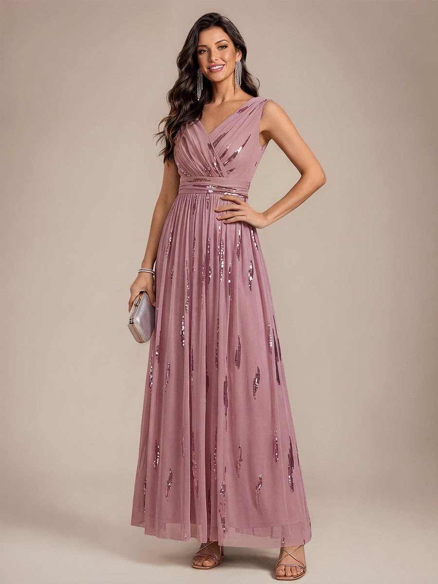 Robe A-Line sans manches en V maxi en sequins avec tissu extensible #Couleur_Orchidee