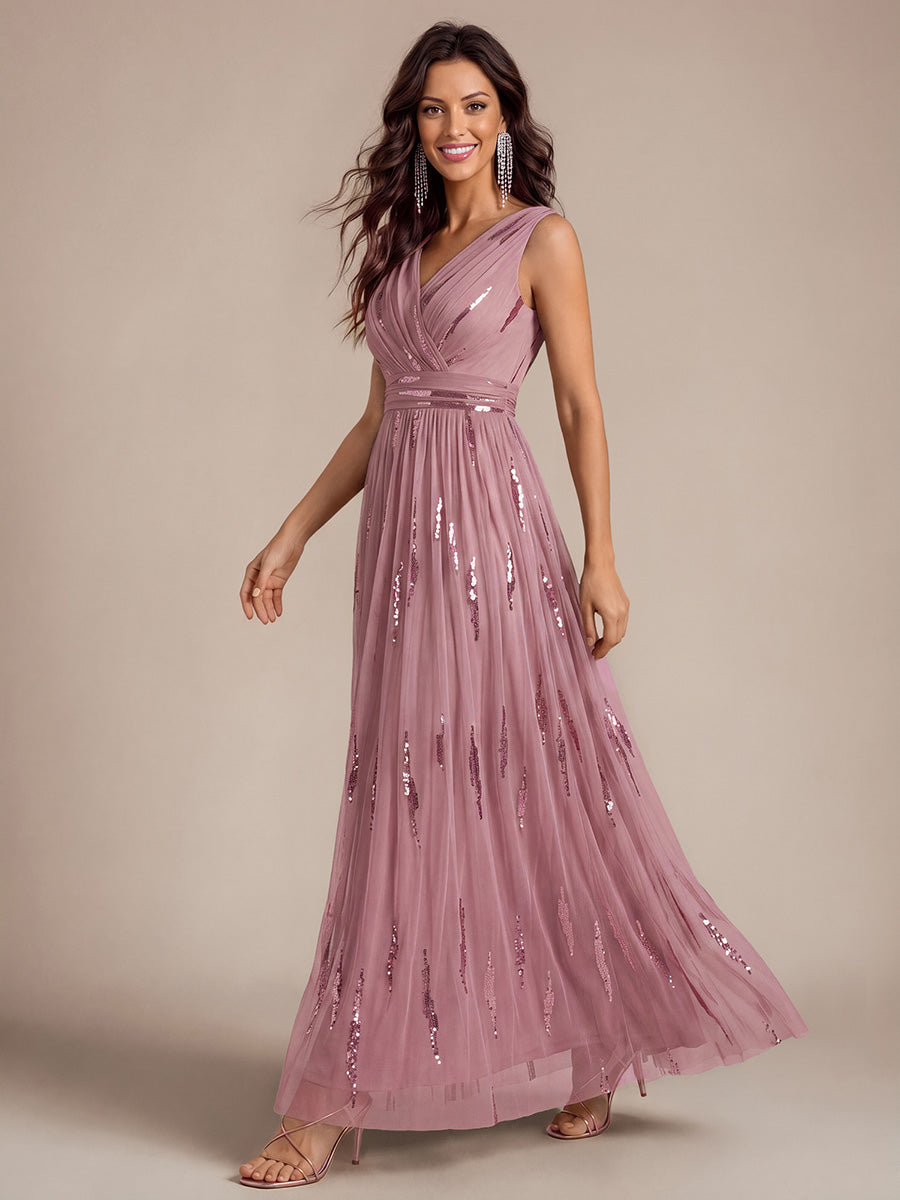 Robe A-Line sans manches en V maxi en sequins avec tissu extensible #Couleur_Orchidee
