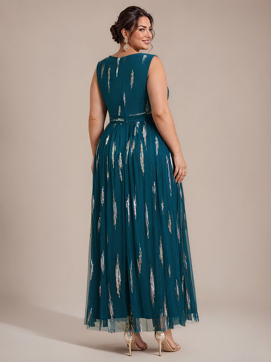 Robe A-Line sans manches en V maxi en sequins avec tissu extensible #Couleur_Bleu Sarcelle