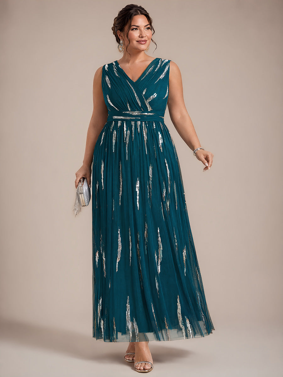 Robe A-Line sans manches en V maxi en sequins avec tissu extensible #Couleur_Bleu Sarcelle