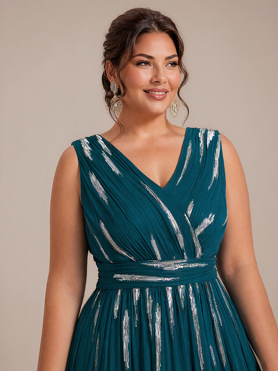 Robe A-Line sans manches en V maxi en sequins avec tissu extensible #Couleur_Bleu Sarcelle