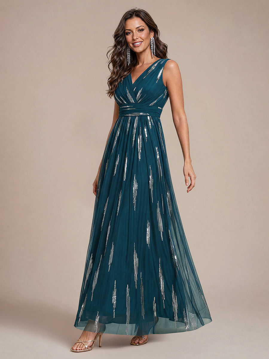 Robe A-Line sans manches en V maxi en sequins avec tissu extensible #Couleur_Bleu Sarcelle