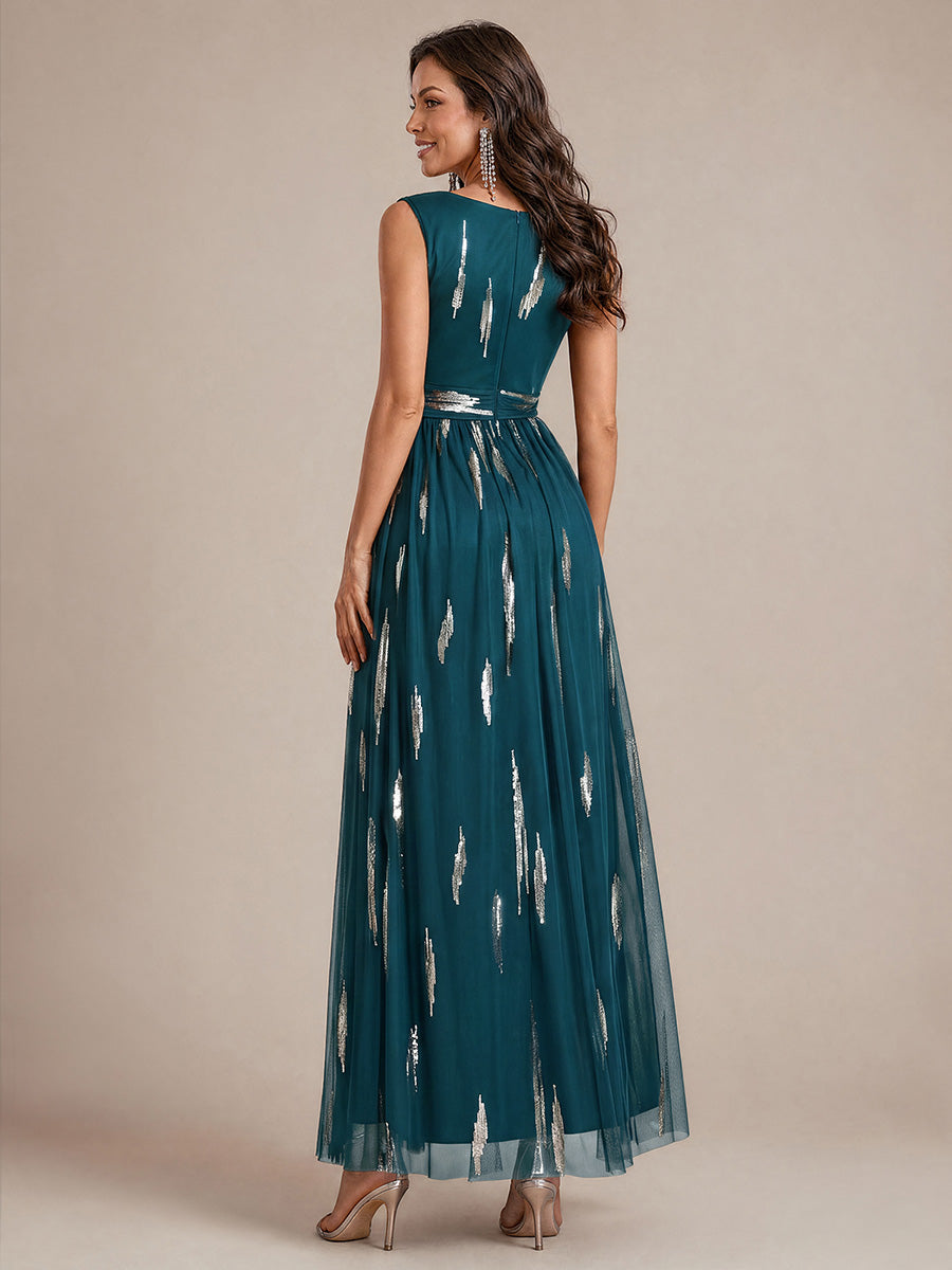 Robe A-Line sans manches en V maxi en sequins avec tissu extensible #Couleur_Bleu Sarcelle