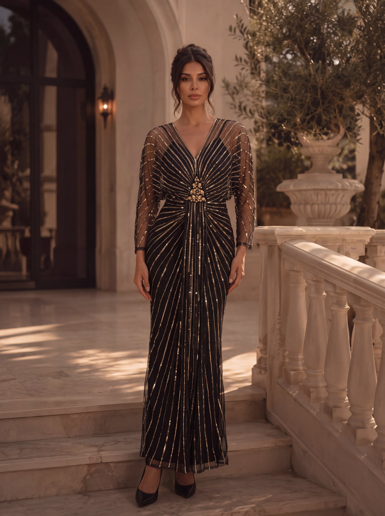Robe maxi bodycon à manches longues en V ornée de sequins avec manches chauve-souris et fente #Couleur_Noir & Or