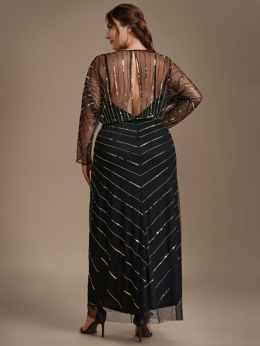 Robe maxi bodycon à manches longues en V ornée de sequins avec manches chauve-souris et fente #Couleur_Noir & Or