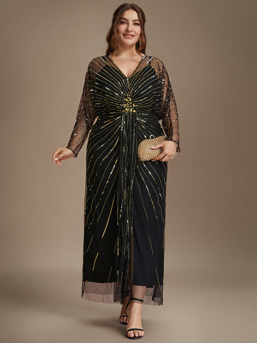 Robe maxi bodycon à manches longues en V ornée de sequins avec manches chauve-souris et fente #Couleur_Noir & Or