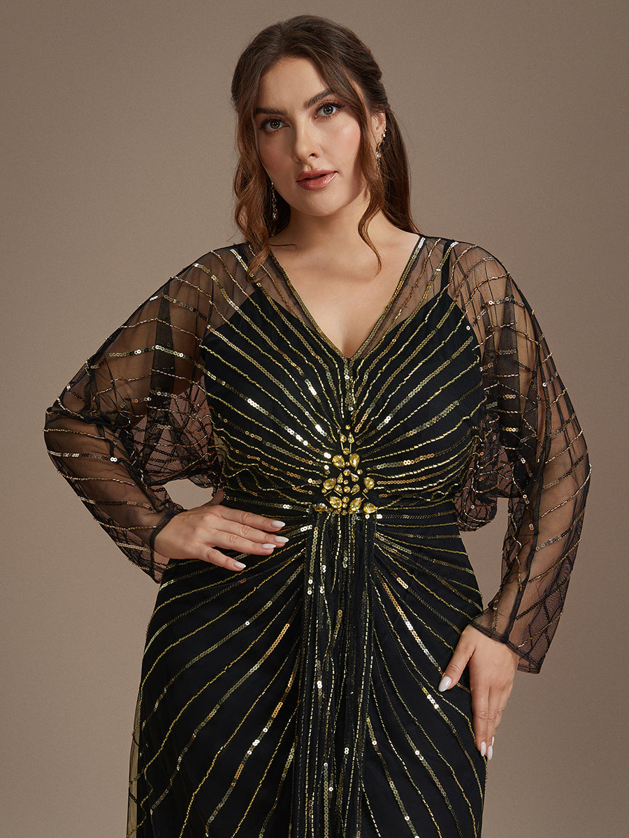 Robe maxi bodycon à manches longues en V ornée de sequins avec manches chauve-souris et fente #Couleur_Noir & Or