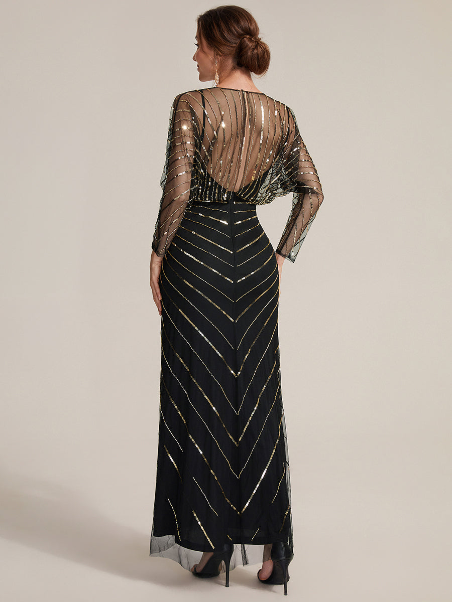 Robe maxi bodycon à manches longues en V ornée de sequins avec manches chauve-souris et fente #Couleur_Noir & Or