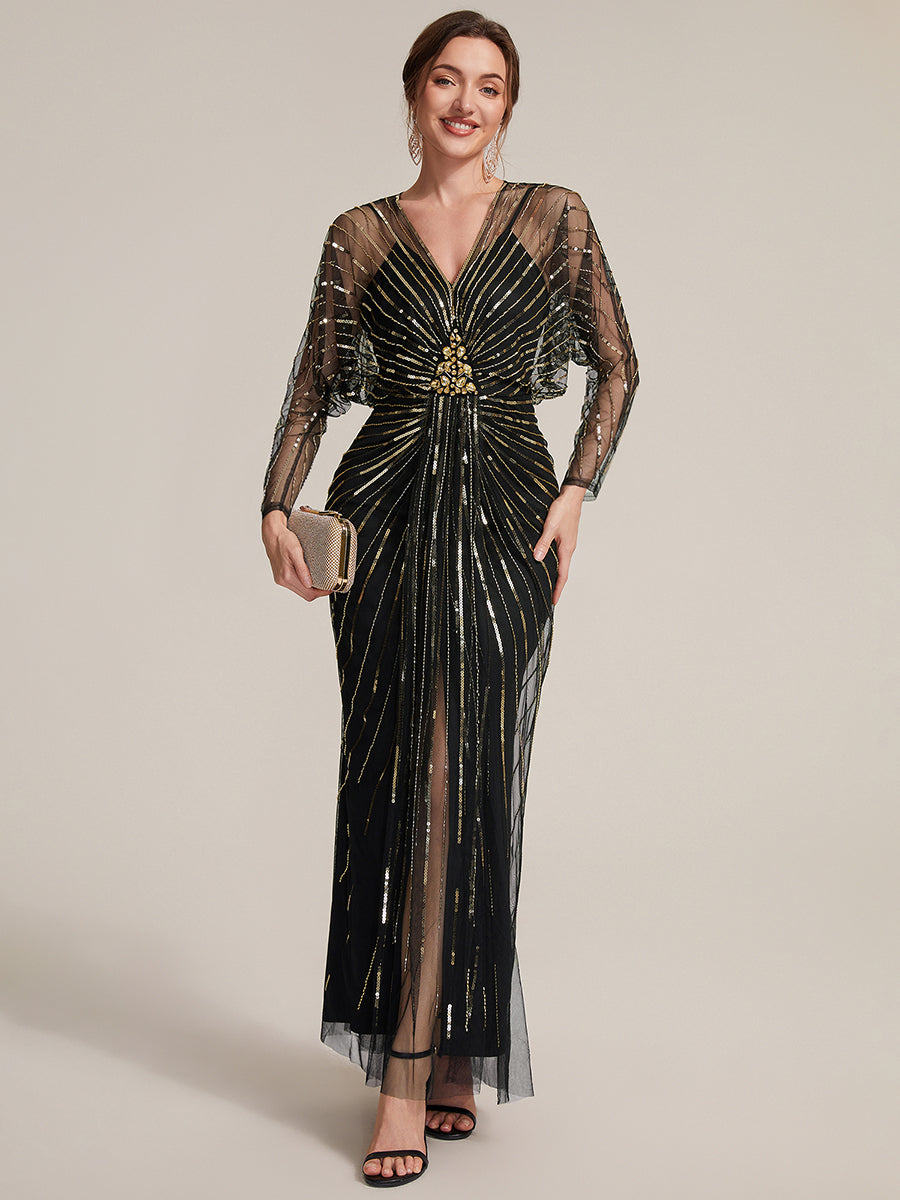 Robe maxi bodycon à manches longues en V ornée de sequins avec manches chauve-souris et fente #Couleur_Noir & Or