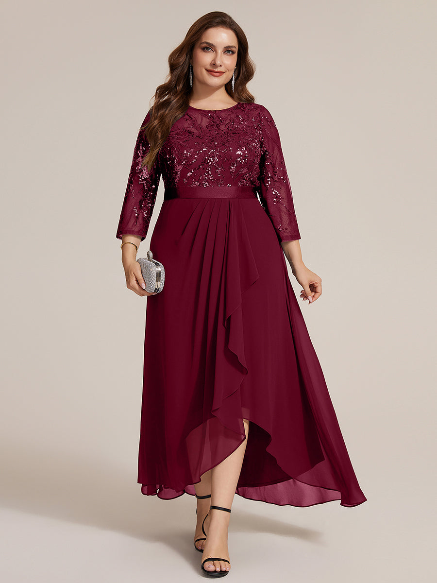 Robe A-Line ¨¤ manches trois quarts avec un ourlet asym¨¦trique des volants et des d¨¦tails transparents #Couleur_Bordeaux