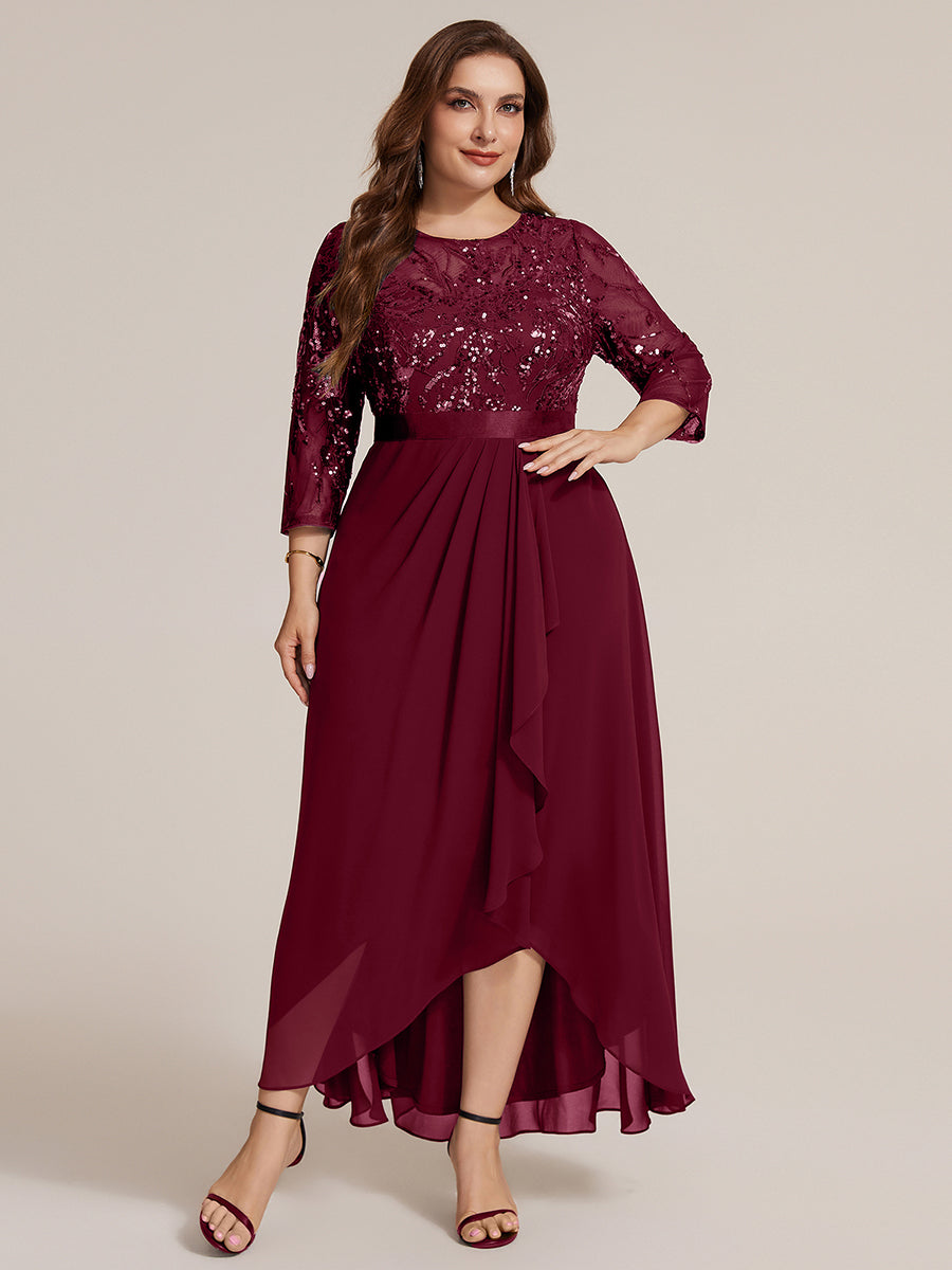 Robe A-Line ¨¤ manches trois quarts avec un ourlet asym¨¦trique des volants et des d¨¦tails transparents #Couleur_Bordeaux