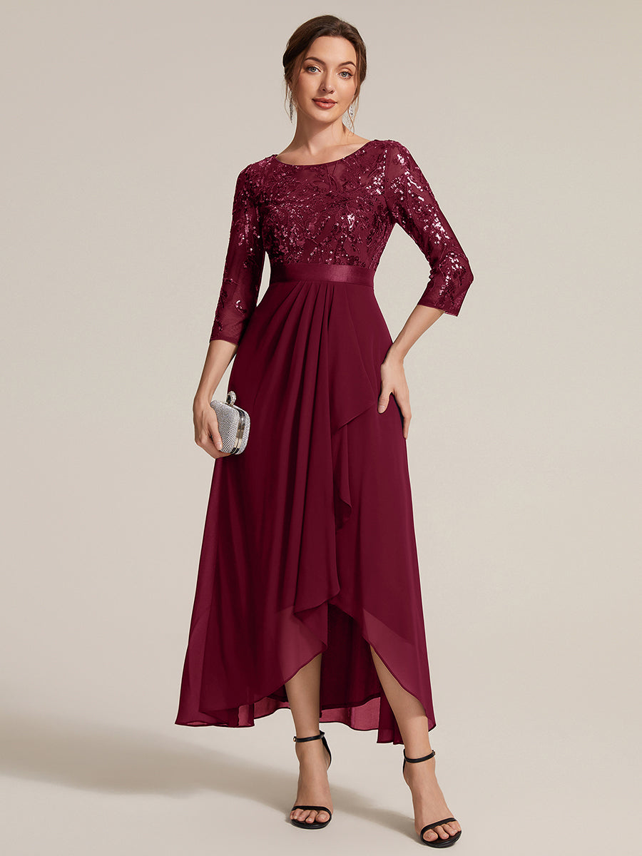 Robe A-Line ¨¤ manches trois quarts avec un ourlet asym¨¦trique des volants et des d¨¦tails transparents #Couleur_Bordeaux