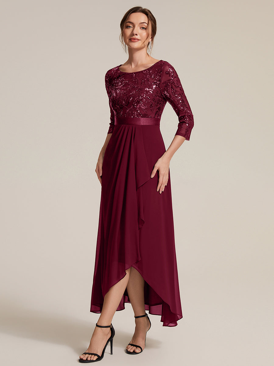 Robe A-Line ¨¤ manches trois quarts avec un ourlet asym¨¦trique des volants et des d¨¦tails transparents #Couleur_Bordeaux