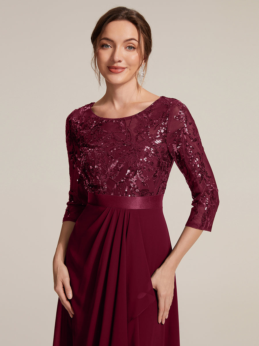 Robe A-Line ¨¤ manches trois quarts avec un ourlet asym¨¦trique des volants et des d¨¦tails transparents #Couleur_Bordeaux