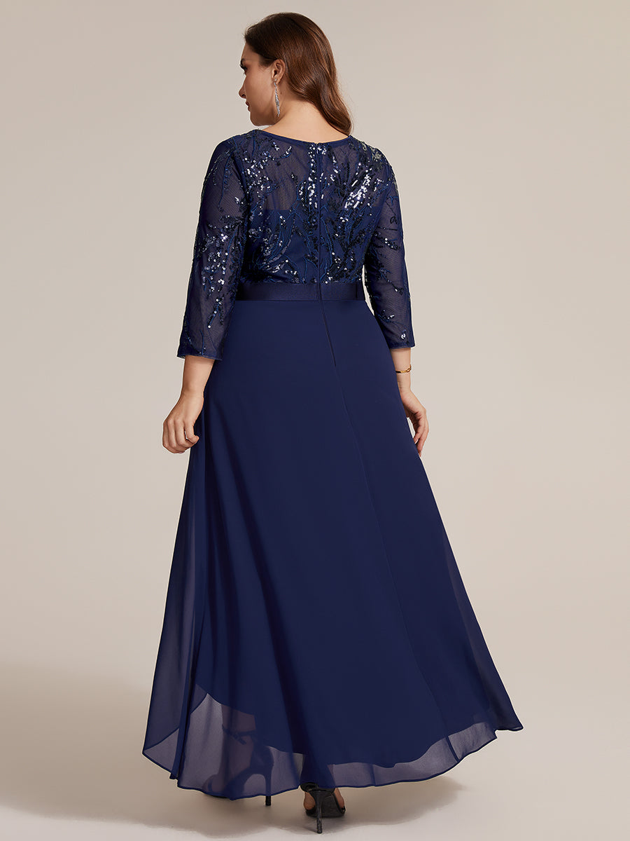 Robe A-Line ¨¤ manches trois quarts avec un ourlet asym¨¦trique des volants et des d¨¦tails transparents #Couleur_Bleu Marine