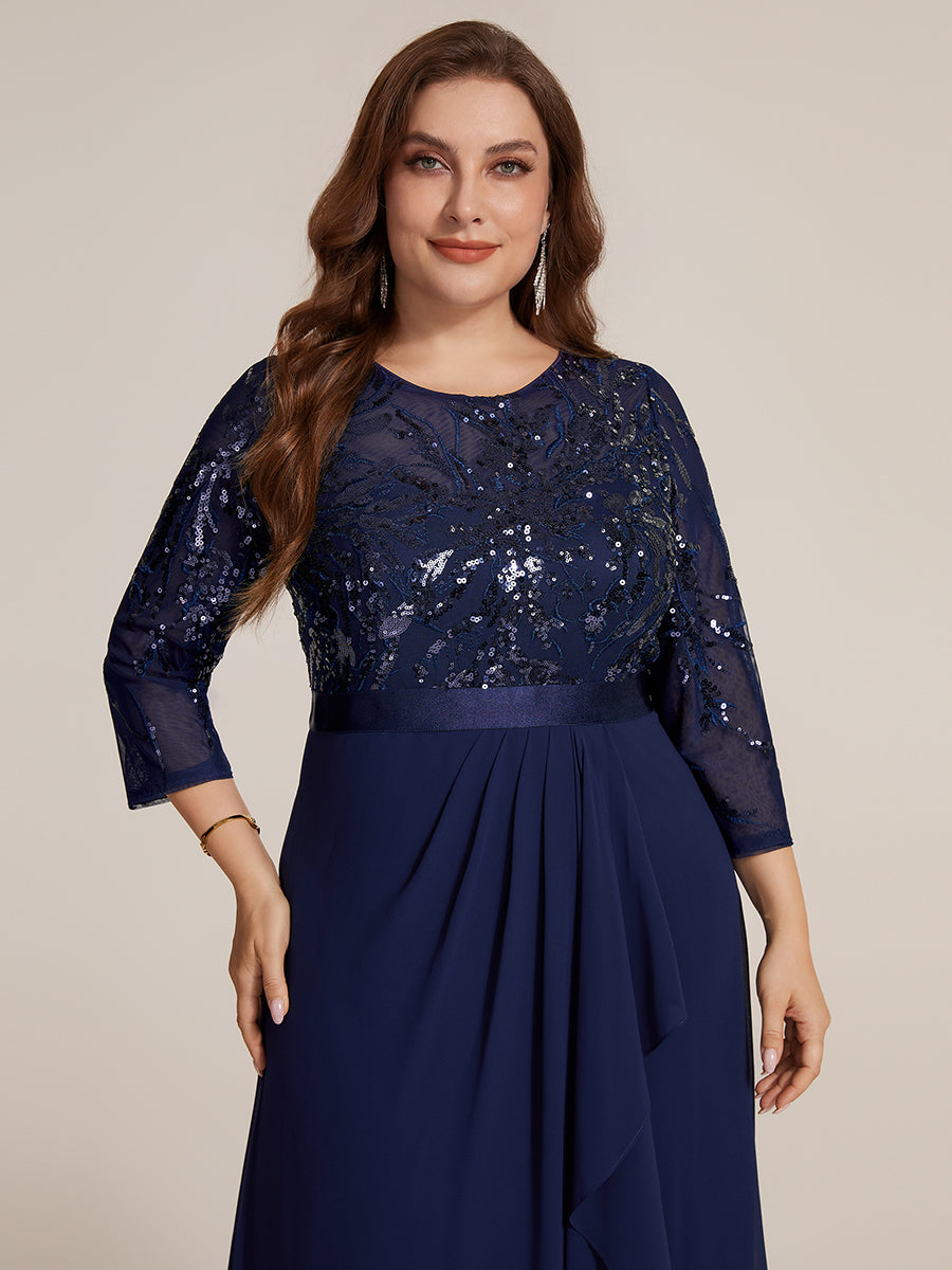 Robe A-Line ¨¤ manches trois quarts avec un ourlet asym¨¦trique des volants et des d¨¦tails transparents #Couleur_Bleu Marine