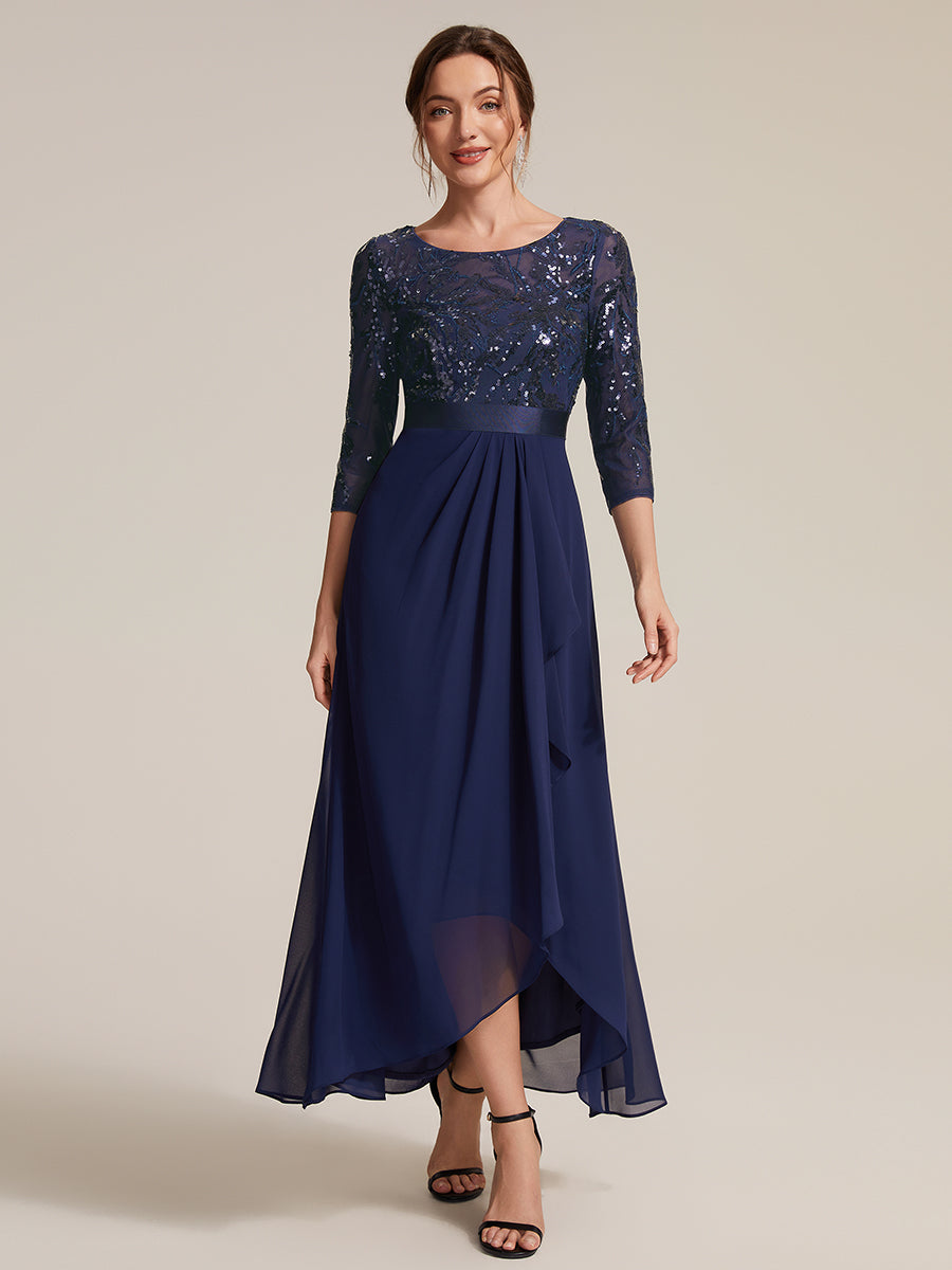 Robe A-Line ¨¤ manches trois quarts avec un ourlet asym¨¦trique des volants et des d¨¦tails transparents #Couleur_Bleu Marine